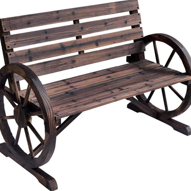 41" Wooden Wagon Wheel Porch Enjoyment Bench, Rustic Look, Weather-, 2 Seat, Fir Wood Construction Patio With Weather Resistance, Seat And , Solid Construction, Brown