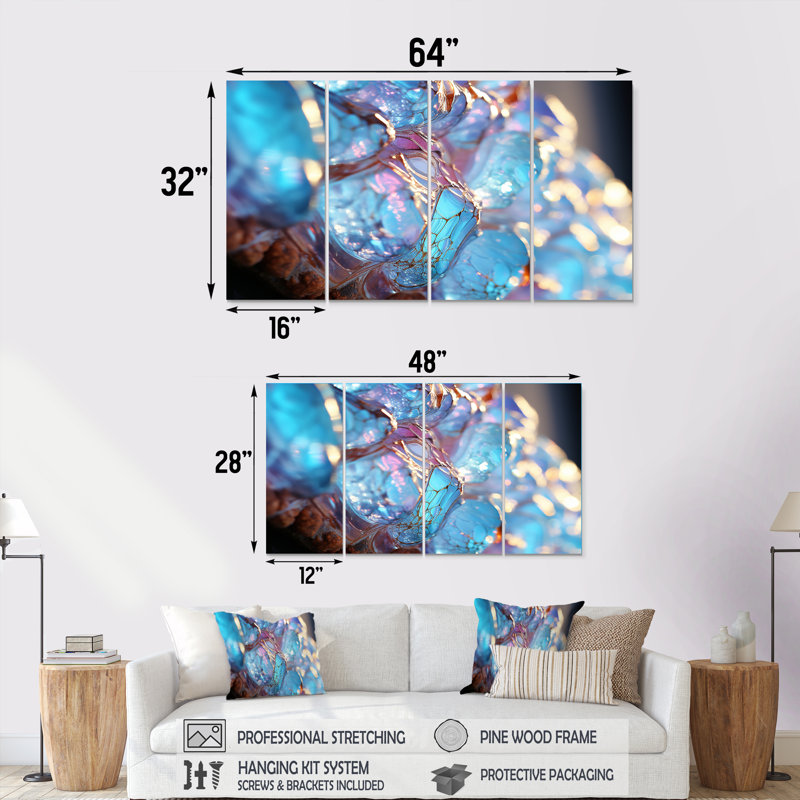 Structure de cristal turquoise - art mural abstrait 4 pièces, H 28 po x l 48 po