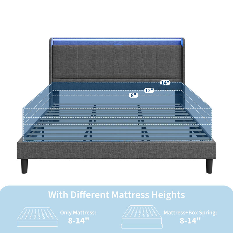 Platform Bed Frame with Charging Station & LED Lights - Upholstered Headboard, Wooden Slats, Under Bed Storage - Noise-Free, Easy Assembly - Twin Size, Grey