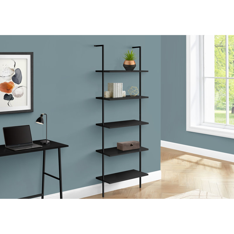 Bookshelf, Bookcase, Etagere, Ladder, 5 Tier, 72"H, Office, Bedroom, Black Laminate, Black Metal, Contemporary, Modern