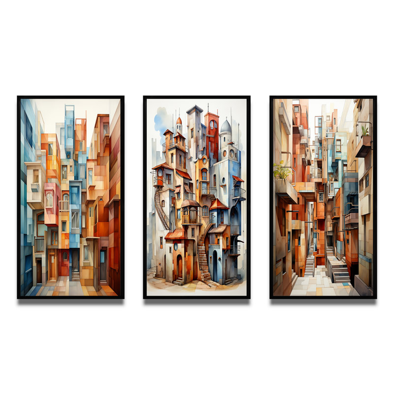«Cubism Art Multidimensional», 3 pièces sur toile, H 40 po x l 60 po, Cadre noir