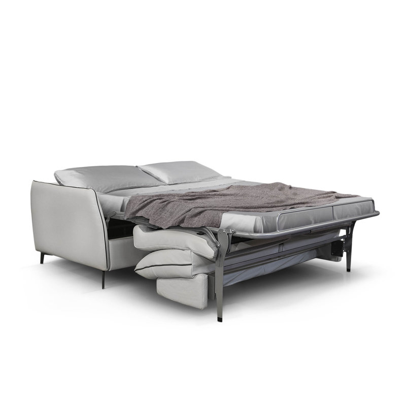 72.9" Genuine Leather Round Arm Sofa Bed, Light Gray Genuine Leather