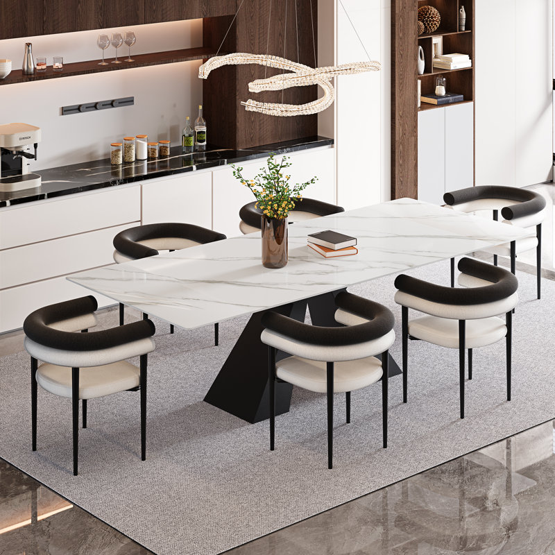 Chinguun 94.5'' Extendable Sintered Stone Dining Table With Upholstered Fabric Armchairs Dining Set