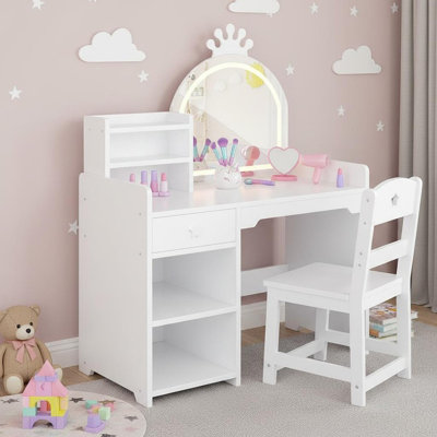 Kids Vanity Table and Chair Set with Mirror and Lights, White Makeup Vanity Desk with Drawer and Open Storage Shelves, Wooden Dressing Table for Littl
