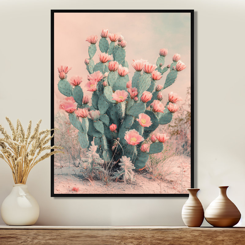 Cactus en fleurs dans le désert Mars Marsa, Noir, Reproduction avec cadre flottant, H 20 po x l 12 po