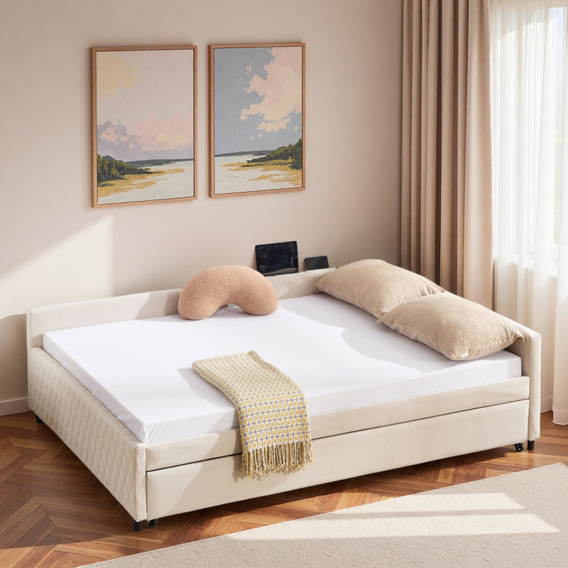 Lit de jour rembourré avec lit gigogne et USB, Beige