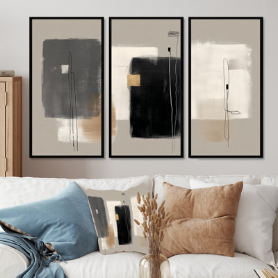 Black Shapes With Grey Minimalism Abstract Blend  - Minimalism Large Wall Art Print Set