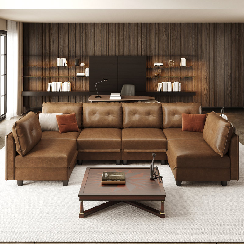 Modular Sectional Sofa With Storage, Modern Brown Faux Leather, Reversible Chaise, U Shaped Couch For Living Room, Waterproof & Easy Clean, 6 Seats