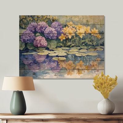 Hortensias et lis au bord du lac III - décoration murale en bois d'hortensias - sur bois de pin naturel