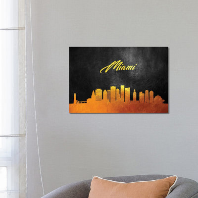 Miami Florida Gold Skyline 1 Piece Wrapped Canvas Wall Art
