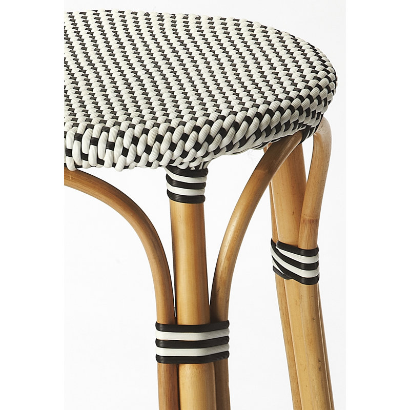 Alastair 30" Rattan Bar Stool - White/Black Dot/ Natural Rattan Frame, White/Black Dot/Natural Rattan Frame