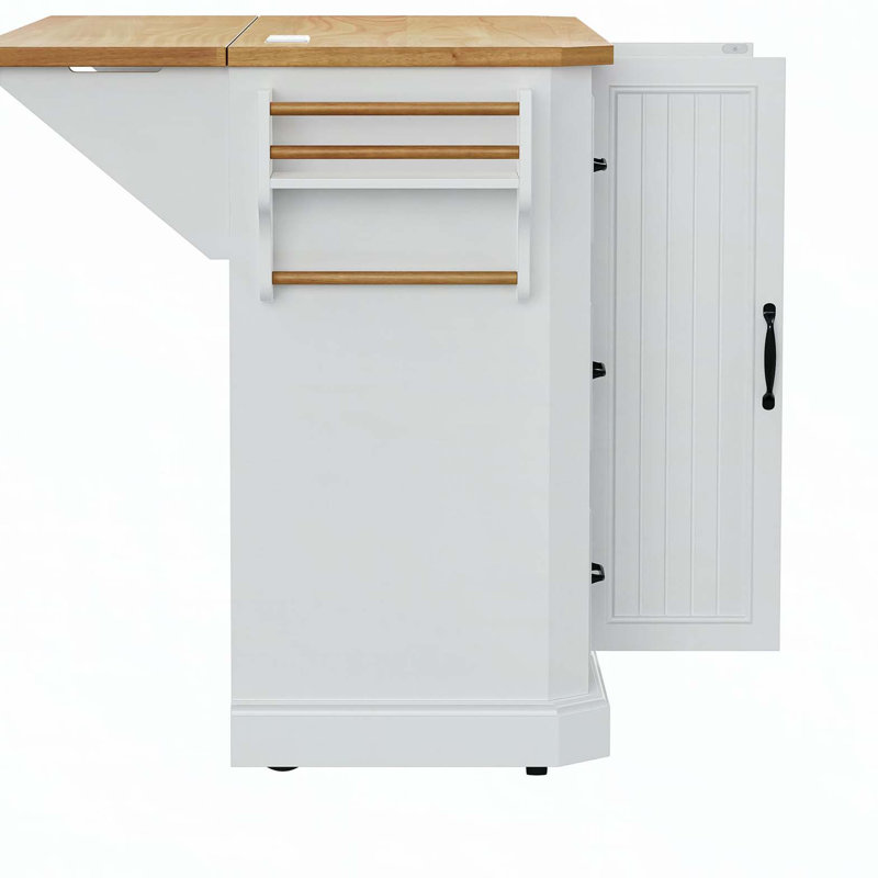 56 inch Kitchen Island with Rubber Wood Veneer Drop Leaf, Power Outlet, 4 Door Shelves, Embossed Vertical Stripe Rolling Kitchen Cart on 4 Wheels with 6 Deep Drawers for Kitchen, Dining Room,White