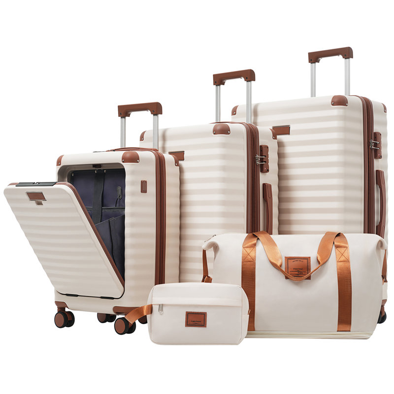 Luggage Sets 5 Piece with Front Opening, Brown+White
