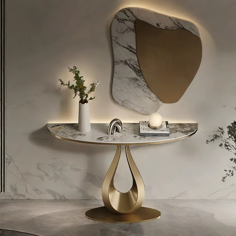 Console de luxe en acier inoxydable, H 33,5 po x l 54,3 po x P 13,8 po, Doré