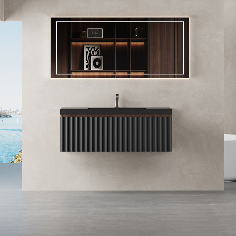 Ensemble de meuble-lavabo flottant 42 po avec lavabo, meuble de rangement mural moderne à rayures avec tiroir à fermeture en douceur et lavabo à surface solide blanc brillant, 24V16-42NOW