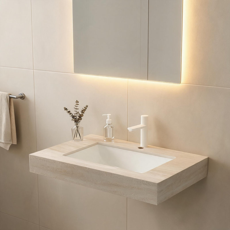 Comptoir en pierre frittée de 76 cm (30 pouces) à motif travertin beige Roma, avec lavabo encastré en céramique et trou pré-percé pour robinetterie standard.