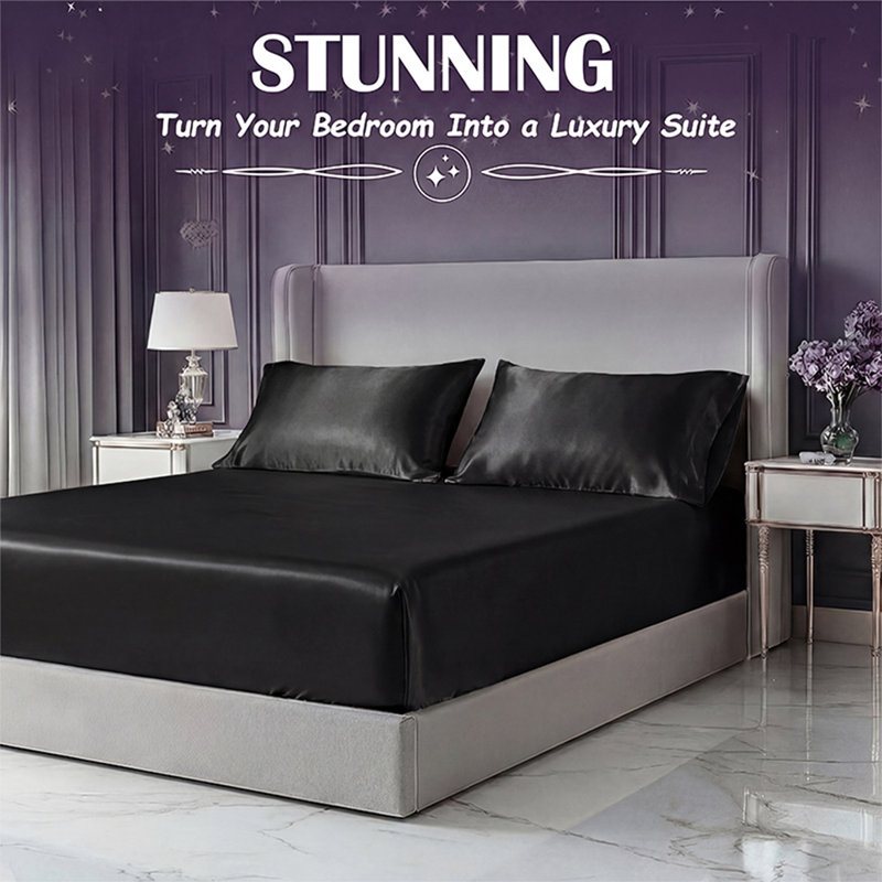 Satin Fitted Sheet Set with Pillowcases – Smooth, Breathable, Wrinkle-Resistant, Machine Washable, Easy Care, Comfortable Bedding for Adults, Hotels, Apartments, and Home Use