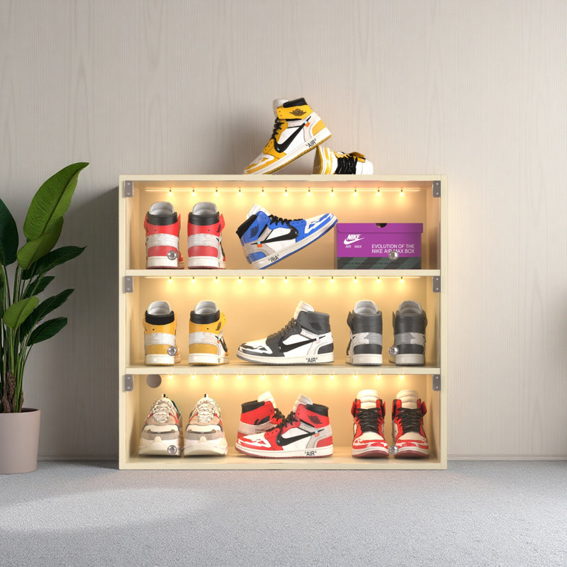 LED Light Shoe Box Three Layers With Glass Doors, Beige