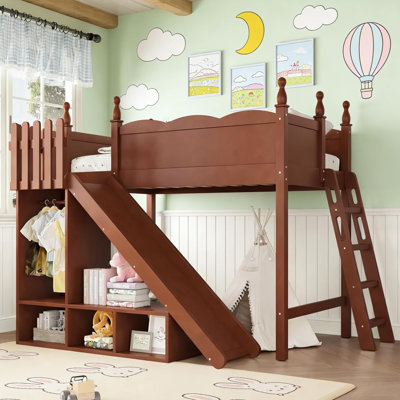 Twin Loft Bed With Slide And Storage, Solid Wood Frame With Wardrobe And Safety Guardrails, No Box Spring Needed, Antique Natural Finish