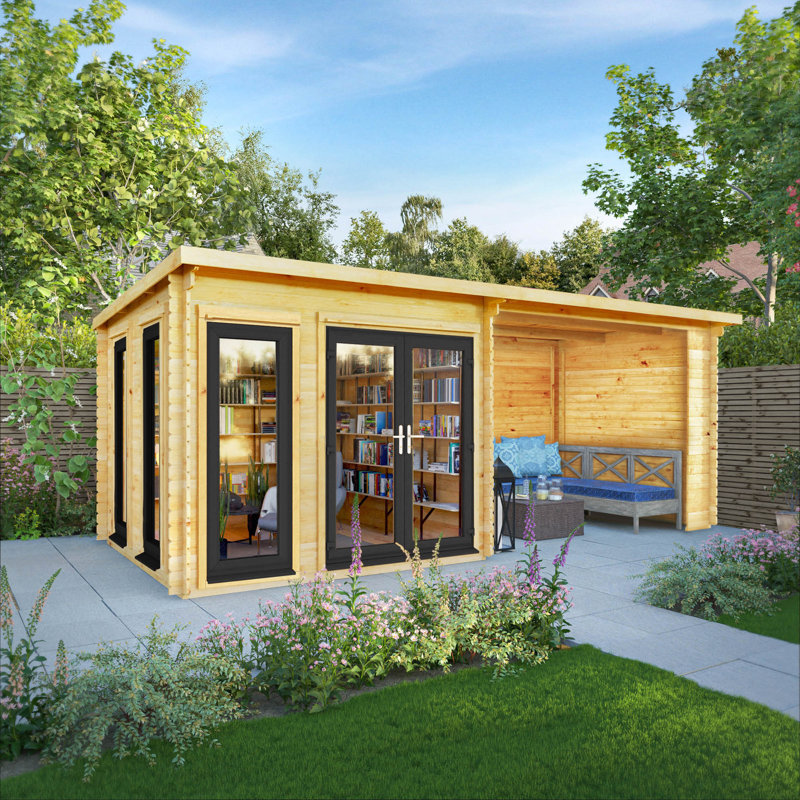 20ft x 10ft Studio Pent Log Cabin With Patio Area UPVC Windows & Doors (44mm), Grey/Natural Timber