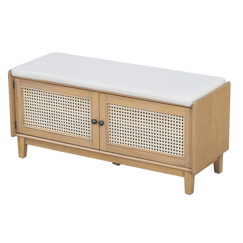 Boho Rattan Entryway Bench With Storage, Cushioned Shoe Organizer For Hallways And Foyers, Wooden With Double Doors (Brown+Beige)