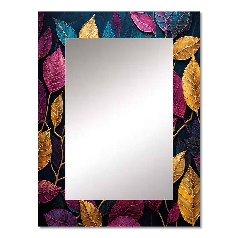 «Colorful Leaves Charm Foliage I - Miroir décoratif à feuilles, miroir mural traditionnel, impression sur métal