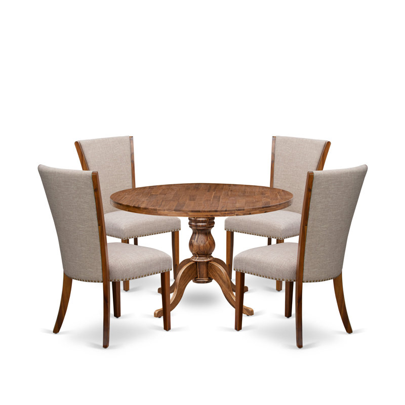 Ensemble de 5 pièces pour coin-repas pour 4 personnes comprenant une table ronde de 48 po avec piédestal et 4 chaises rembourrées en lin brun clair, noyer antique