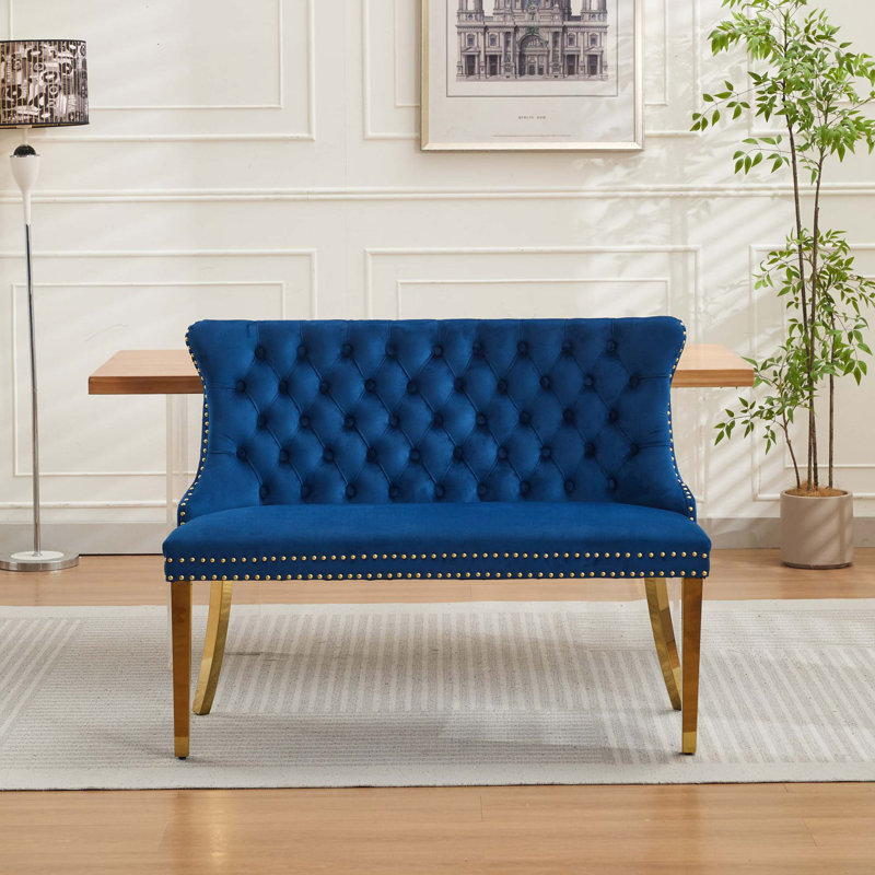 Banc en velours pour causeuse double, sièges de cuisine et de salle à manger, banc capitonné à 2 places avec boutons faits à la main, dossier à oreilles, pieds en acier, ensemble moderne Mid-Century, paquet simple