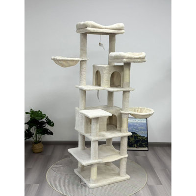 Arbre à chat à 6 niveaux de 68 pouces pour amis félins, coussins amovibles, poteaux à griffer, hamacs calmes et relaxants, 20 po de profondeur, 17,8 po de hauteur avec un lit douillet et confortable confortable