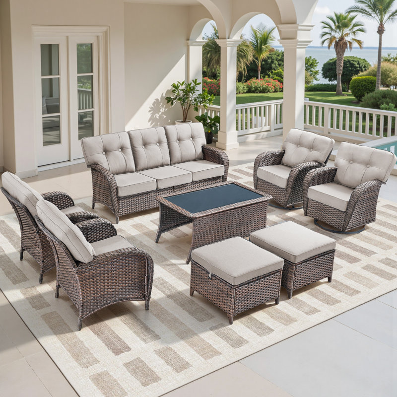 8-Piece Patio Furniture Complete Set, All-Weather Outdoor Seating Set With Swivel Glider Chairs, Beige