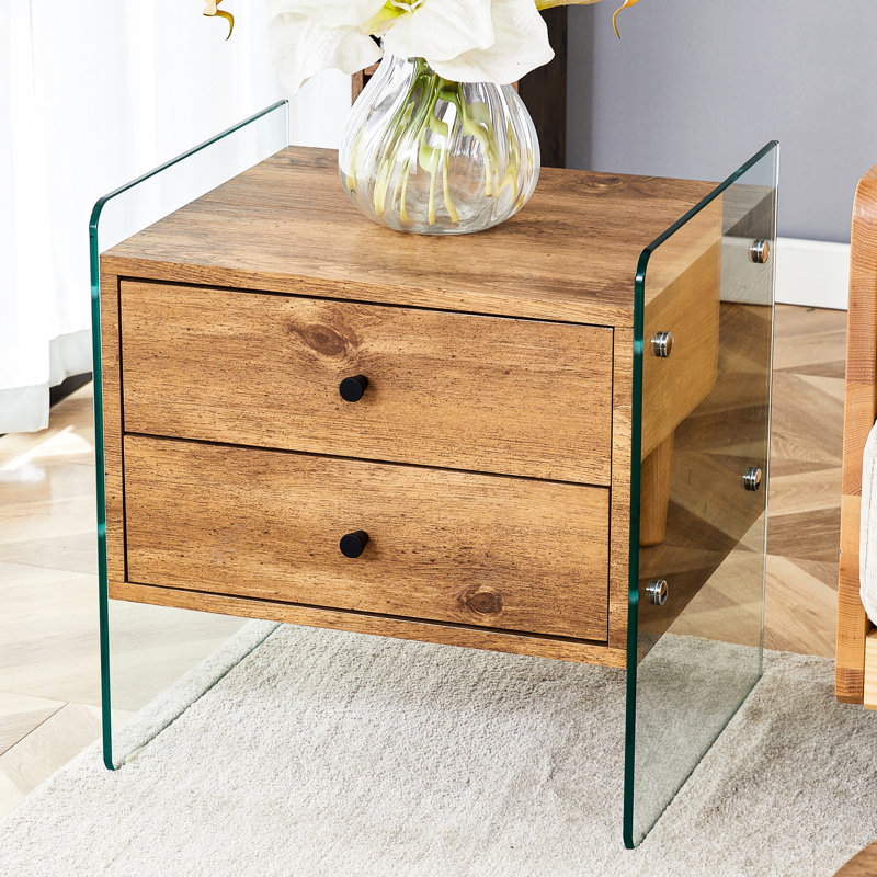Table de chevet avec rangement à double tiroir, plateau de table et côtés en verre trempé lisse, ajoutant du style aux pieds transparents de votre salon, stable et pratique pour la vie quotidienne