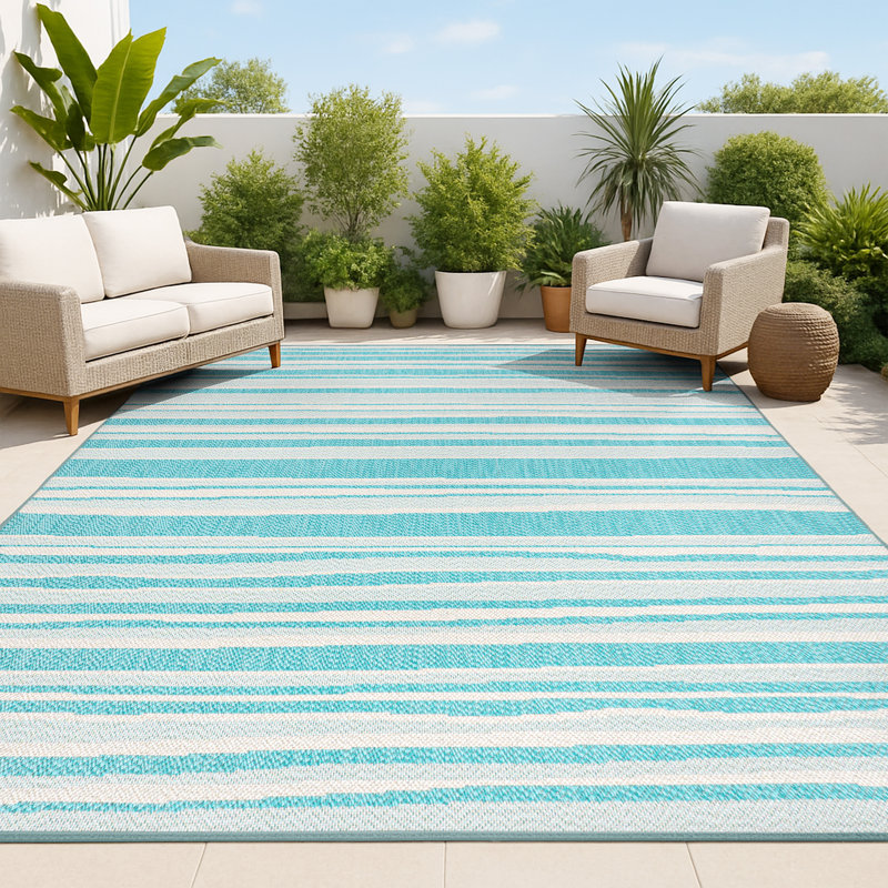 Raygoza Wavy Stripe Modern Aqua/Cream Indoor/Outdoor Rug, Rectangle 7'10" x 10'