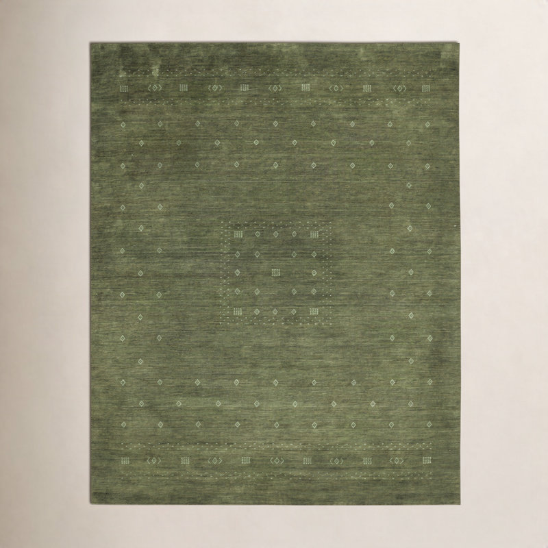 Simi Hand Knotted Cotton/Wool Southwestern Area Rug, Olive Green, Rectangle 10' x 14'