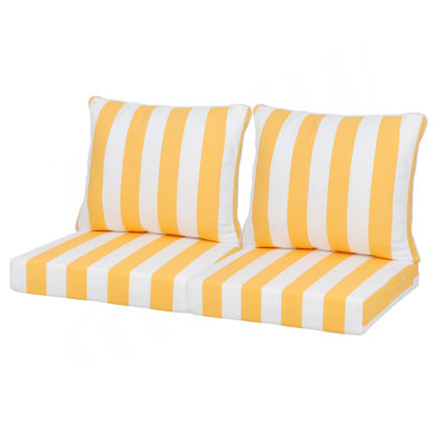 24X24 Inch Outdoor Deep Seat Cushion Set - Waterproof Fade-Resistant Patio Furniture Cushions With Removable Covers, Adjustable Straps & Handles For Chairs, Sofa, Couch (2-Piece)-Yellow/White