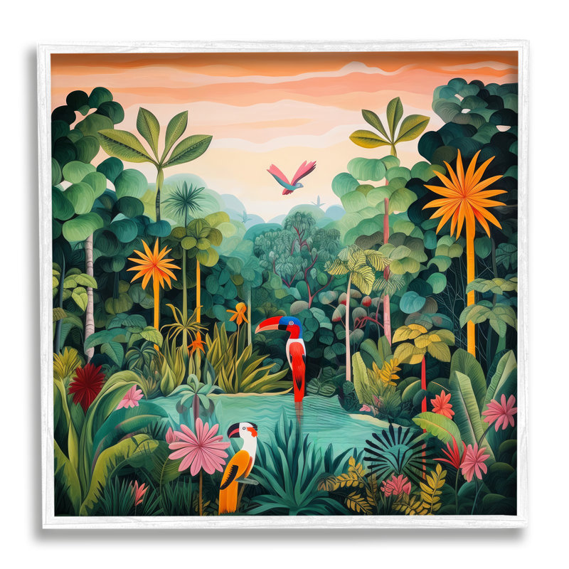 Bb-244 - Perroquets et étang tropical encadrés sur bois, Giclée encadrée blanc bord de mer, H 17 po x l 17 po x P 1,5 po