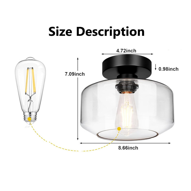 Black Chrome Industrial Semi Flush Mount Ceiling Light with Clear Glass Shade