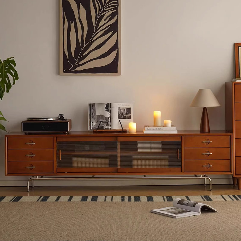 Meuble télé en bois massif avec rangement rétro, H 20,27 po x L 86,61 po x l 15,74 po