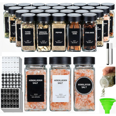 24 pots à épices avec étiquettes, 4 bouteilles d'assaisonnement noir avec couvercles à shaker pour support