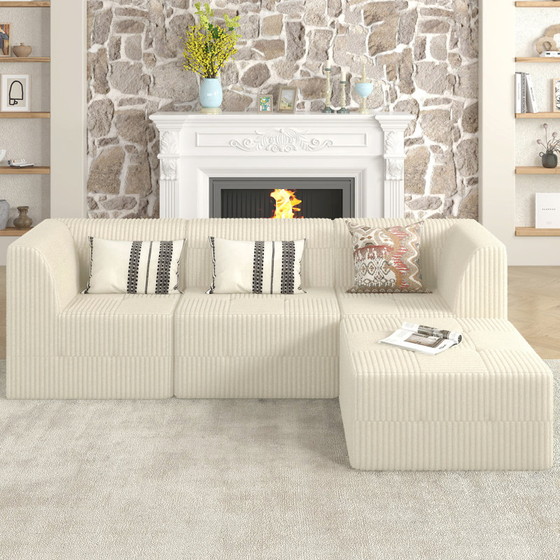 Canapé modulaire en forme de L en beige, minimaliste - canapé-lit confortable avec assise spacieuse, aucun lit beige à assemblage requis, conception modulaire, sièges