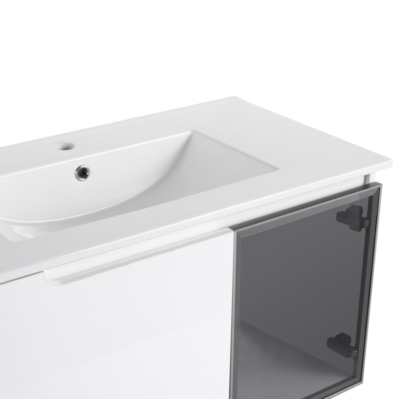 Ensemble de meuble-lavabo mural brillant Lumivera avec lavabo en céramique et porte en verre gris, 84"