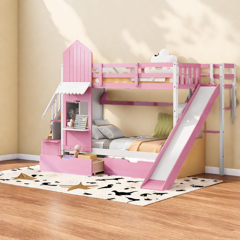 Lit superposé simple au-dessus de simple, style château en bois massif, design rose amusant avec rangement