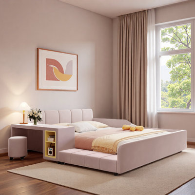 Upholstered Grounded Mother & Child Bed With Bedside Desk And Little Round Stool