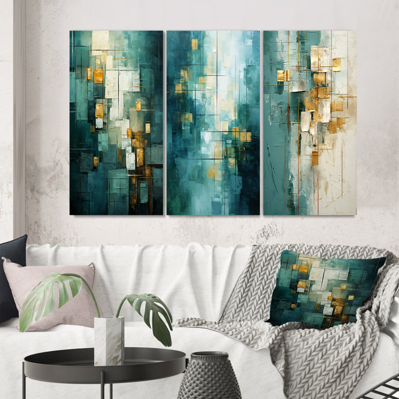 California Sunshine Retro abstrait bleu sarcelle - ensemble de 3 peintures d'art abstrait, H 28 po x l 36 po, Toile tendue