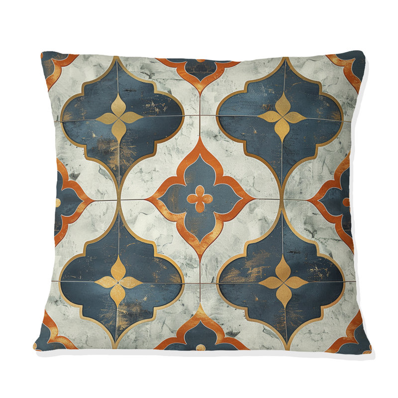 Carreau rustique bleu et doré I - Coussin Farmhouse, H 16 po x l 16 po, Carrée