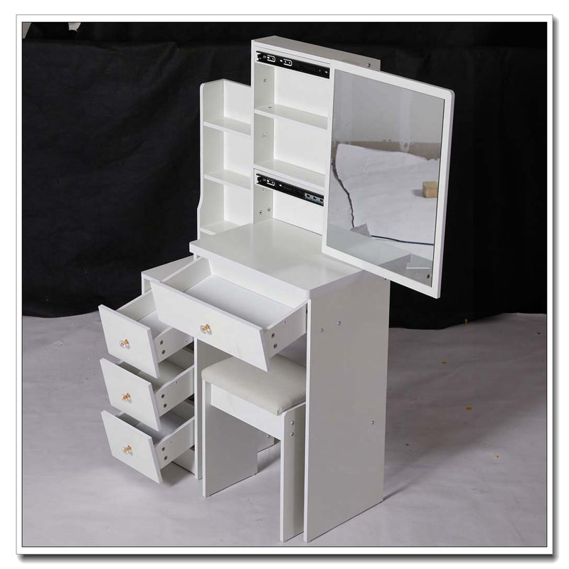 29.2" Small Space Vanity Table with Sliding Mirror, Stool and High Capacity Storage, White