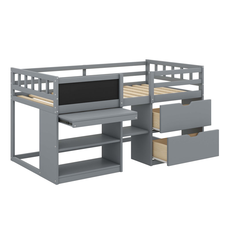 Lit mezzanine bas avec bureau roulant, tablette et tiroirs, Gris