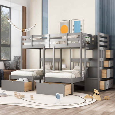Full Over Twin & Twin Wood Triple Bunk Bed With Drawers And Guardrails