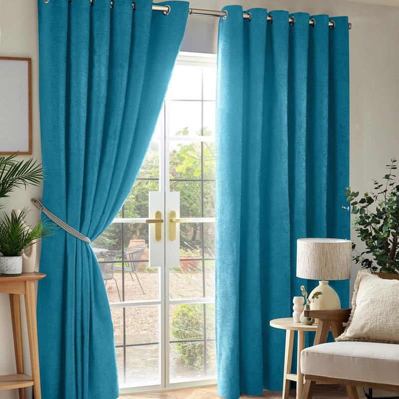 Eilfried Chenille Ring Top Eyelet Curtains, 117cm Width x 229cm Drop, Teal