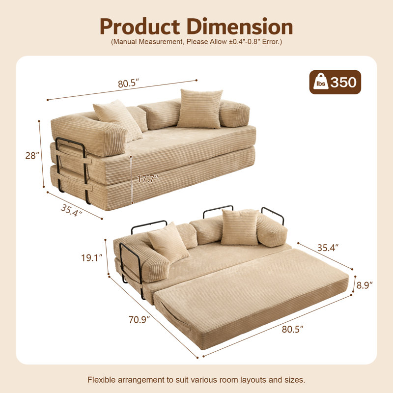 Canapé-lit convertible 80,5 po avec coussins, Beige