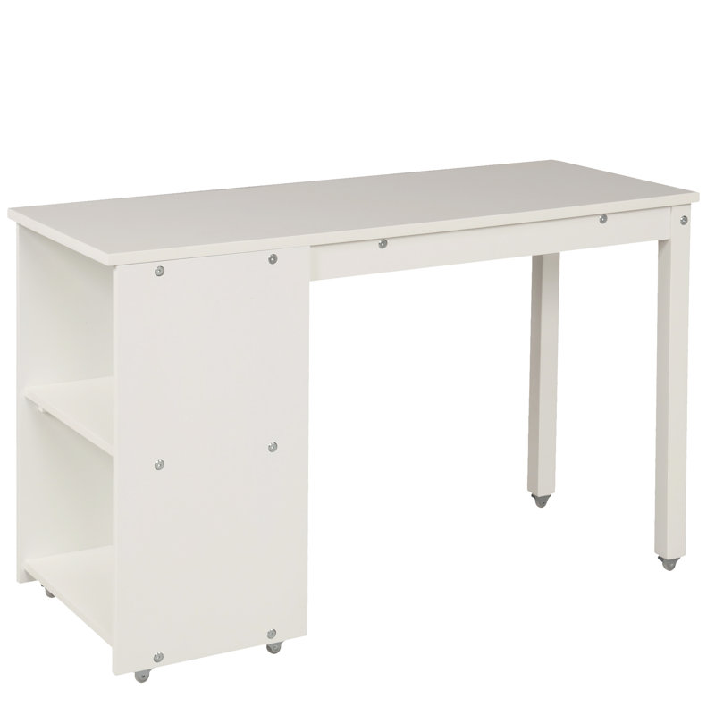 Lit mezzanine simple bas avec cabinet et bureau portatif à roulettes, Blanc